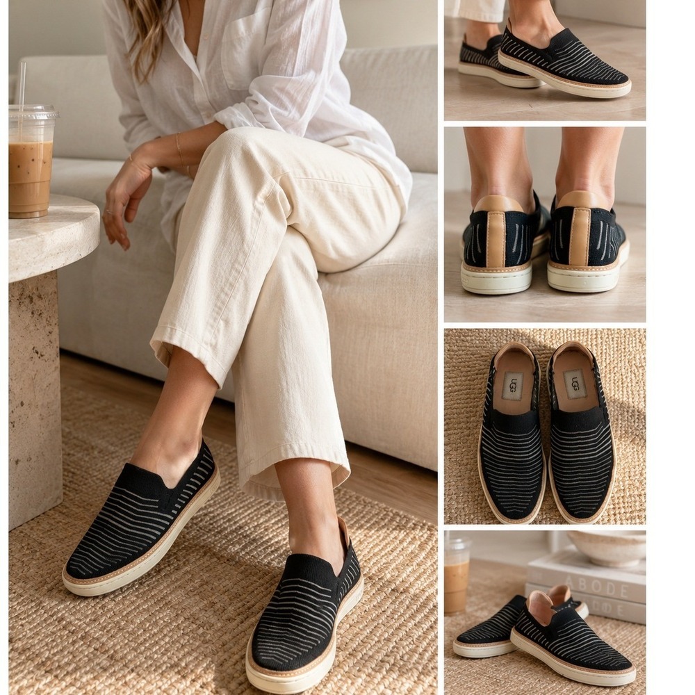 UGG Sammy Chevron Black‎ Grey Knit Slip On Sneakers Womens 8.5 1109533